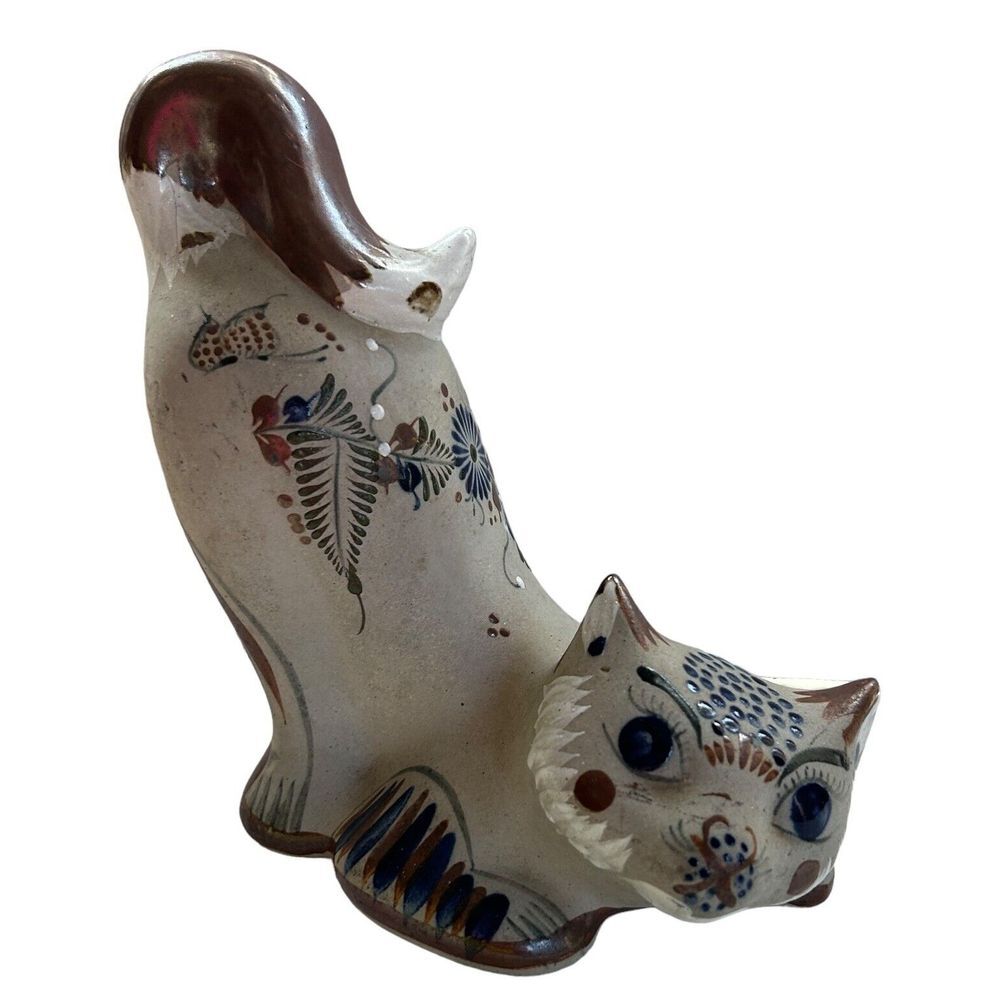 Tonala Mexican Folk Art Pottery Large‎ Floral Cat Signed Figurine 10"